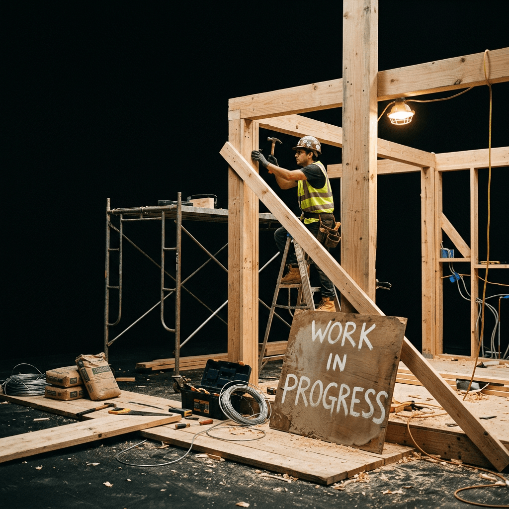 Construction worker hammering nails into timber frame with 'Work in Progress' sign